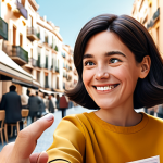 A joyful, iconic character named Mimi, depicted with a simple, geometric design and a warm pastel color palette, prominently featured on a magazine cover. The scene is set in a cozy cafe in a bustling city like Barcelona, with a fully clothed, modestly dressed individual gently pointing at the magazine, showcasing a family-friendly atmosphere. The character embodies innocence and universal appeal through subtle, natural expression. Perfect anatomy, correct proportions, natural pose, well-formed hands, proper finger count. High-quality illustration, professional photography, clean lines, safe for work, appropriate content.