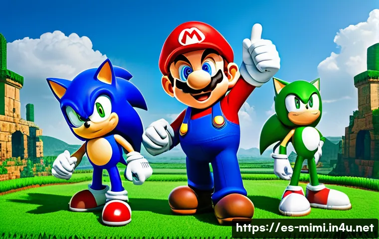 미미와 타 캐릭터의 크로스오버 사례 - **Vibrant Gaming Crossover Arena:** A dynamic and colorful scene featuring beloved video game charac...