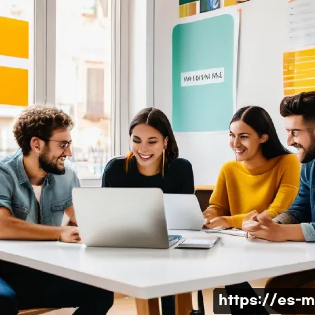 미미와 20대 타겟팅 마케팅 - A vibrant digital marketing team brainstorming session in a modern Barcelona co-working space, diver...