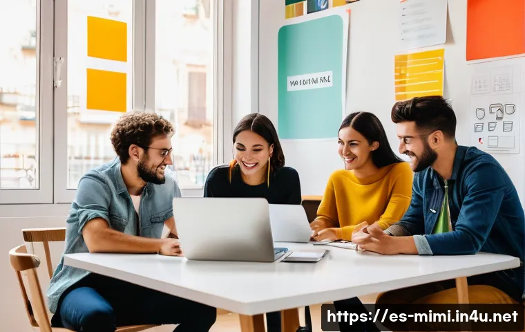 미미와 20대 타겟팅 마케팅 - A vibrant digital marketing team brainstorming session in a modern Barcelona co-working space, diver...