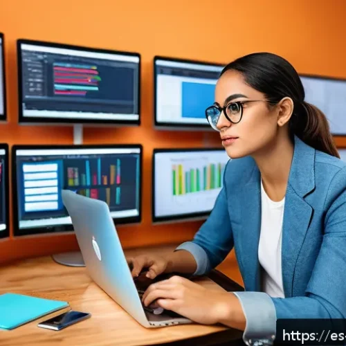 Home 30 미미의 온라인 마케팅 전략 - A professional Latina female digital marketer sitting at a modern workspace in Mexico City, surround...
