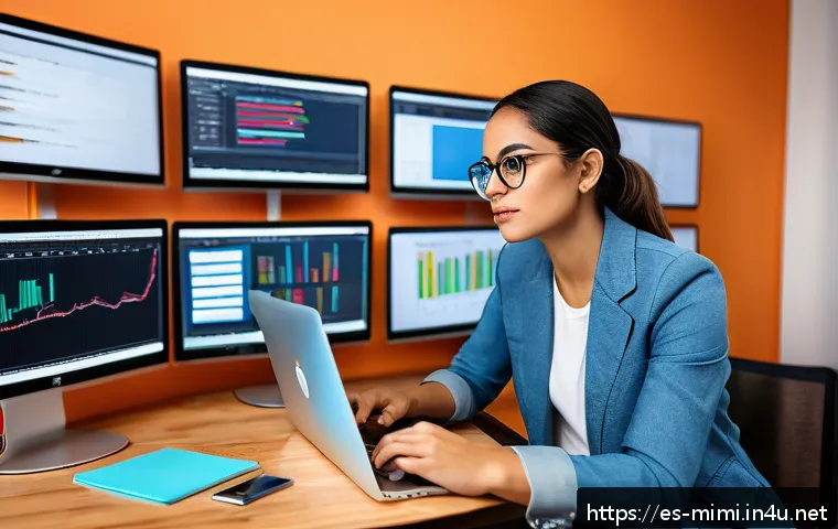 미미의 온라인 마케팅 전략 - A professional Latina female digital marketer sitting at a modern workspace in Mexico City, surround...